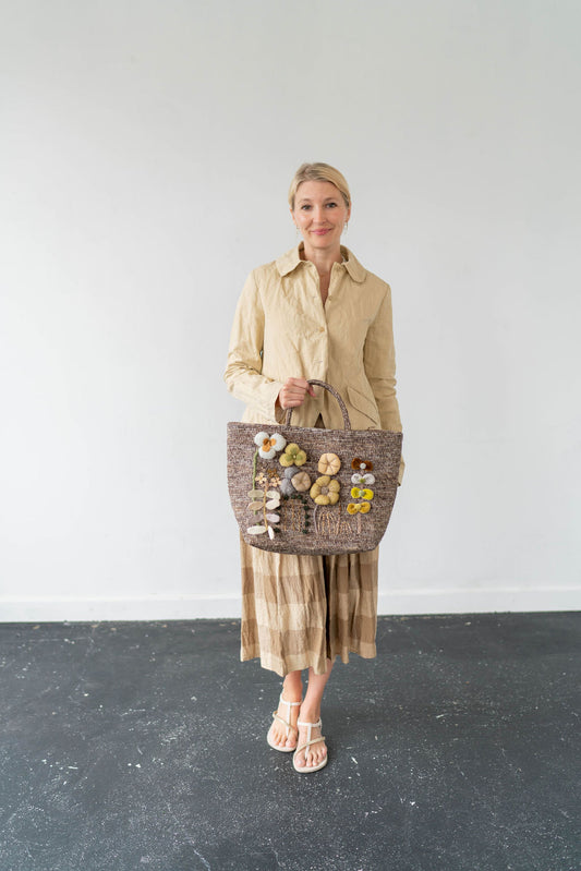 Sophie Digard Raffia Tote with Felt Flowers