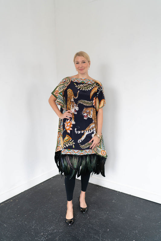 Simone Bruns Tiger Jungle Tunic/Dress with Boa Feathers